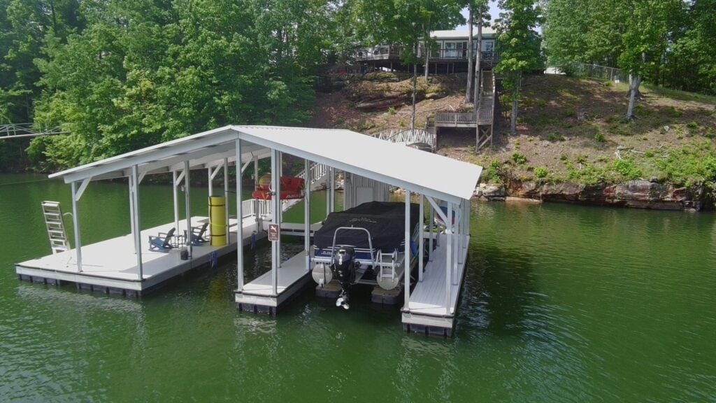 Covered boathouse for Barney's Bluff, a pet-friendly house for rent.