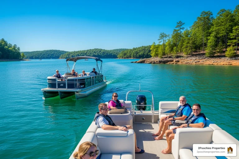Boat navigating the emerald waters of Smith Lake with 2 Poochies Properties logo