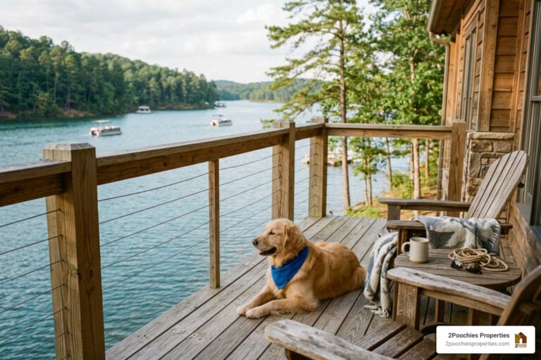 dog on Smith Lake lakefront deck with 2Poochies Properties logo