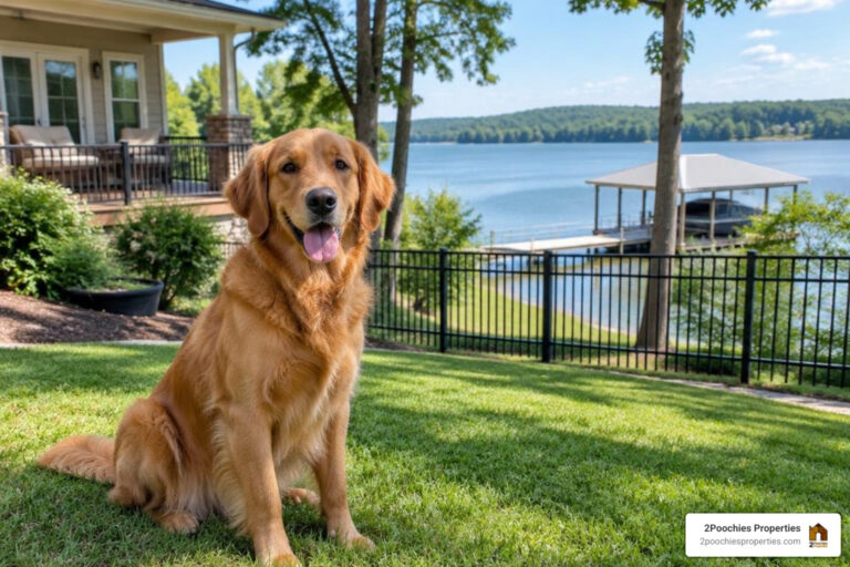 Photorealistic dog in a fenced yard at a Smith Lake lakefront home with 2Poochies Properties logo