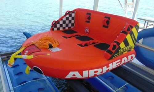 3-person towable tube w/ 60-ft tow rope (+ rope performance ball) available for rent to Barney's guests only.